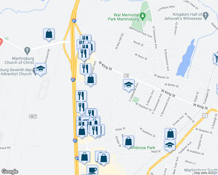 map of restaurants, bars, coffee shops, grocery stores, and more near 309 South Delaware Avenue in Martinsburg