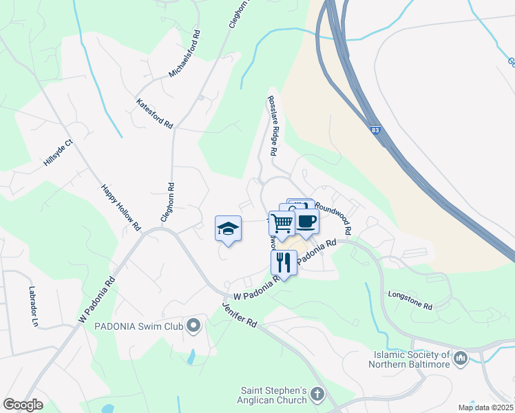 map of restaurants, bars, coffee shops, grocery stores, and more near 621 Dunloy Court in Timonium
