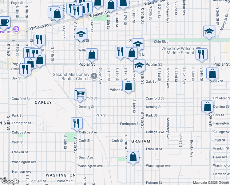 map of restaurants, bars, coffee shops, grocery stores, and more near 1606 Wilson Street in Terre Haute