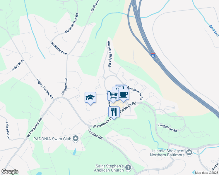 map of restaurants, bars, coffee shops, grocery stores, and more near 12251 Roundwood Road in Timonium
