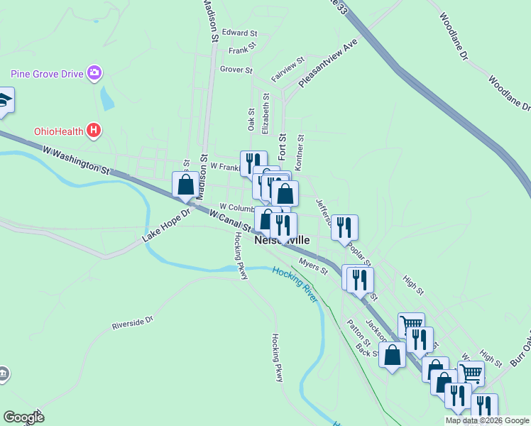 map of restaurants, bars, coffee shops, grocery stores, and more near 19 West Columbus Street in Nelsonville