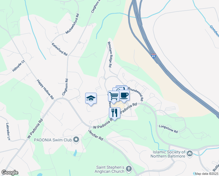 map of restaurants, bars, coffee shops, grocery stores, and more near 12251 Roundwood Road in Timonium