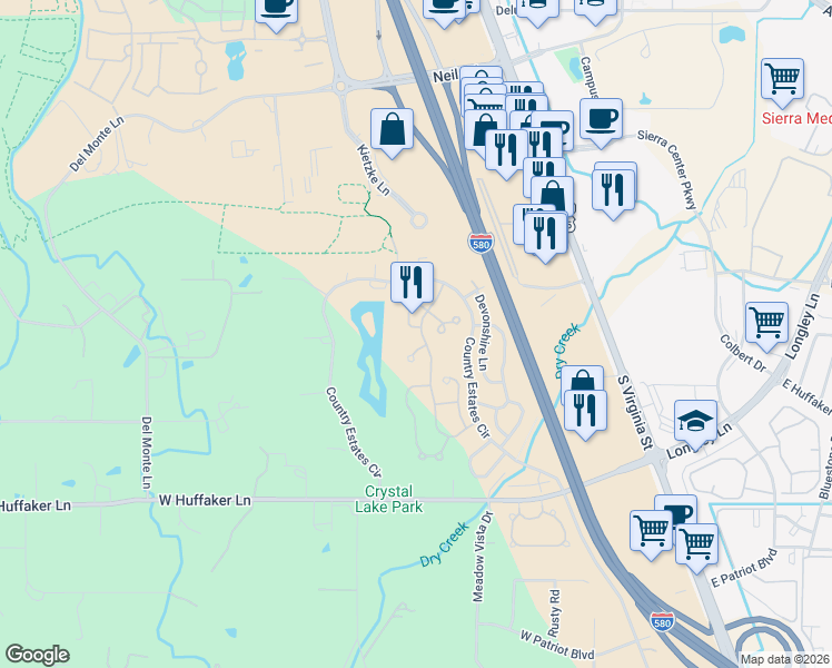 map of restaurants, bars, coffee shops, grocery stores, and more near 7248 Blue Falls Circle in Reno