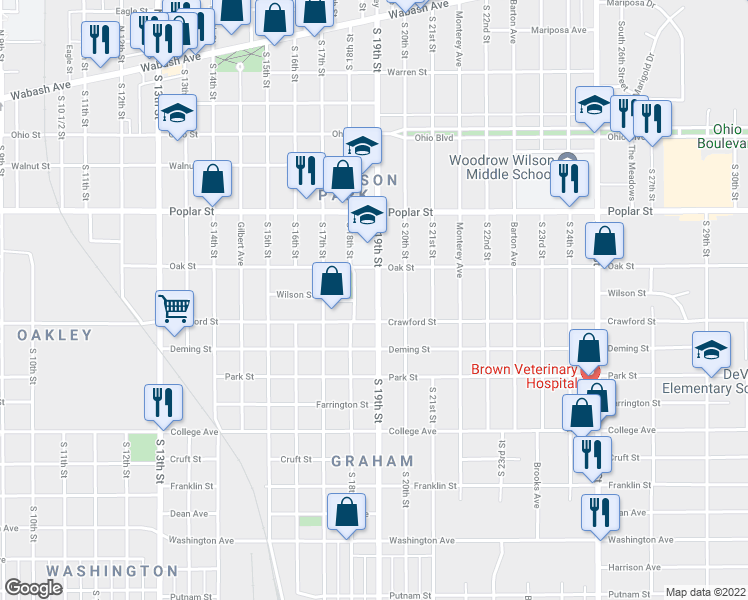 map of restaurants, bars, coffee shops, grocery stores, and more near 601 South 19th Street in Terre Haute