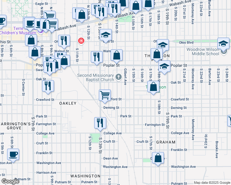map of restaurants, bars, coffee shops, grocery stores, and more near 520 South 13th and 1 Half Street in Terre Haute