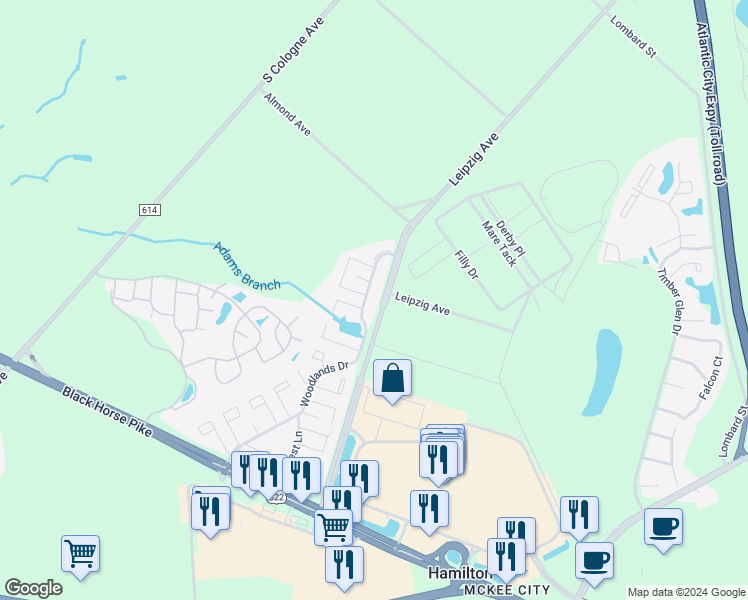 map of restaurants, bars, coffee shops, grocery stores, and more near 3114 Woodlands Drive in Hamilton