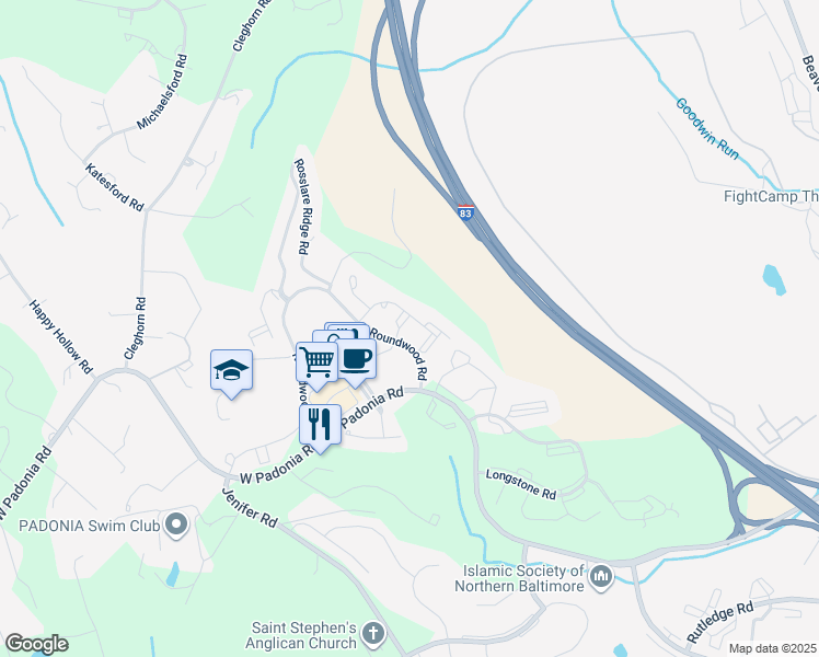 map of restaurants, bars, coffee shops, grocery stores, and more near 12201 Burncourt Road in Timonium