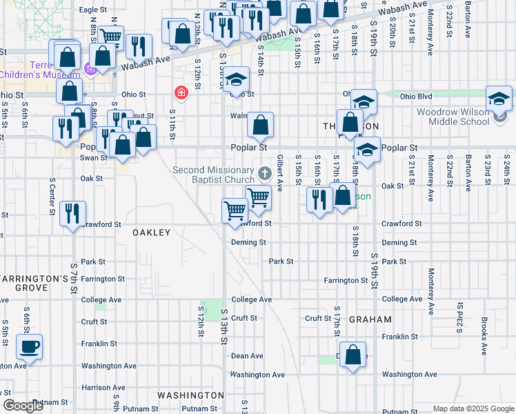 map of restaurants, bars, coffee shops, grocery stores, and more near 520 South 13th and 1 Half Street in Terre Haute