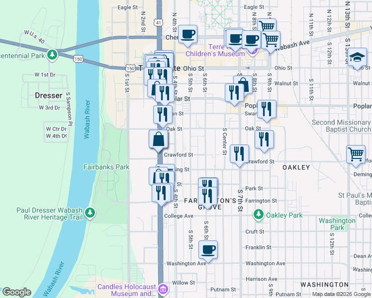 map of restaurants, bars, coffee shops, grocery stores, and more near 532 South 5th Street in Terre Haute
