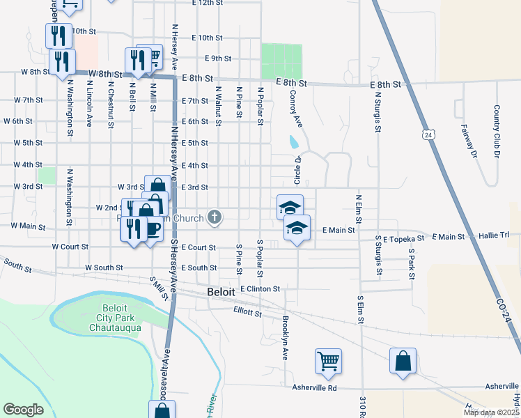 map of restaurants, bars, coffee shops, grocery stores, and more near 601 East 2nd Street in Beloit