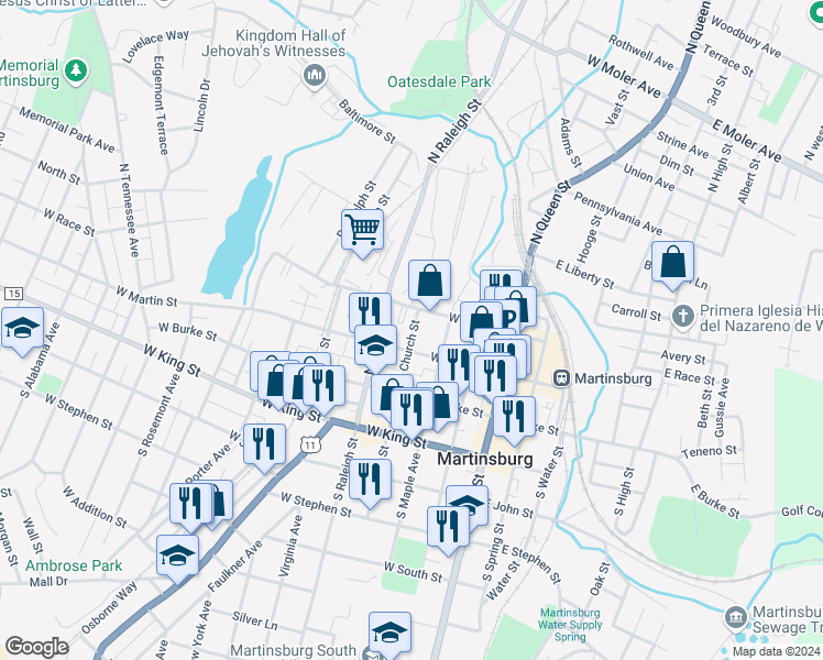 map of restaurants, bars, coffee shops, grocery stores, and more near 214 North Church Street in Martinsburg