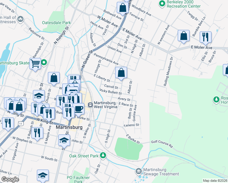 map of restaurants, bars, coffee shops, grocery stores, and more near 401 North Centre Street in Martinsburg