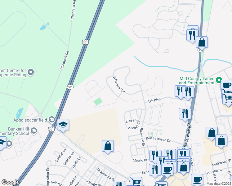 map of restaurants, bars, coffee shops, grocery stores, and more near 461 West Harvest Lane in Middletown