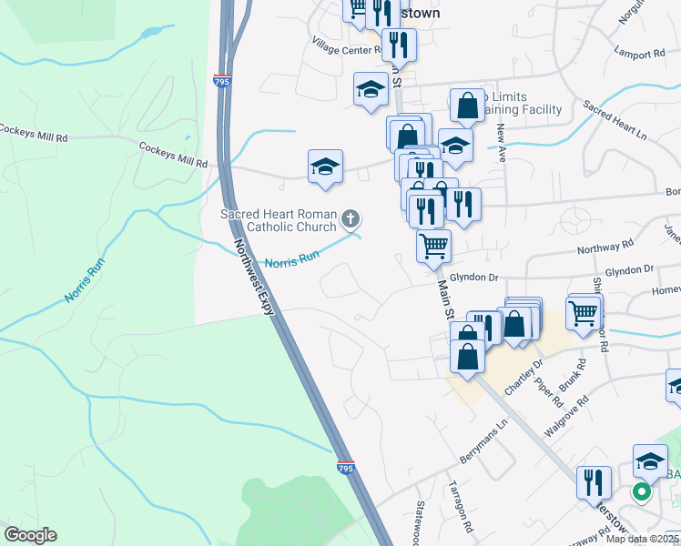 map of restaurants, bars, coffee shops, grocery stores, and more near 136 Teapot Court in Reisterstown