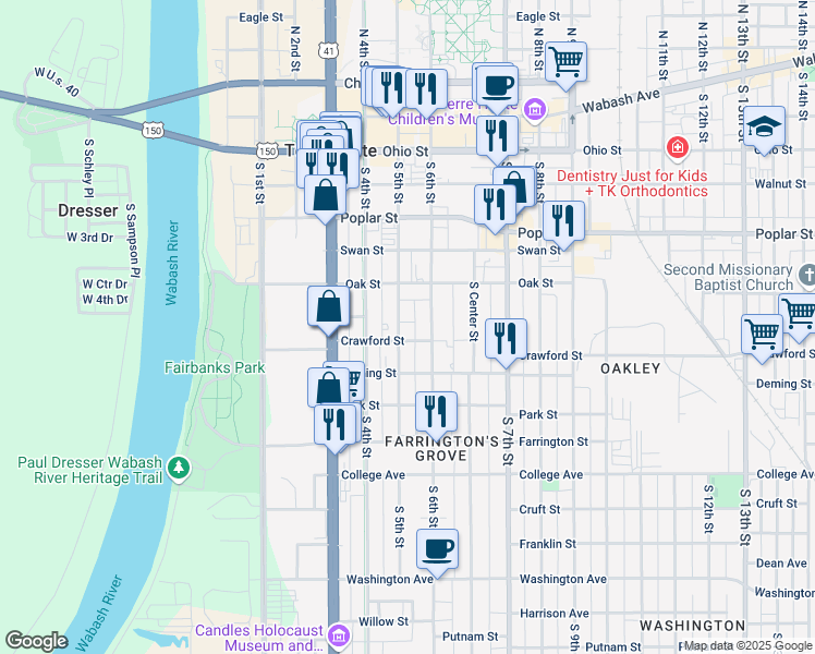 map of restaurants, bars, coffee shops, grocery stores, and more near 532 South 5th Street in Terre Haute
