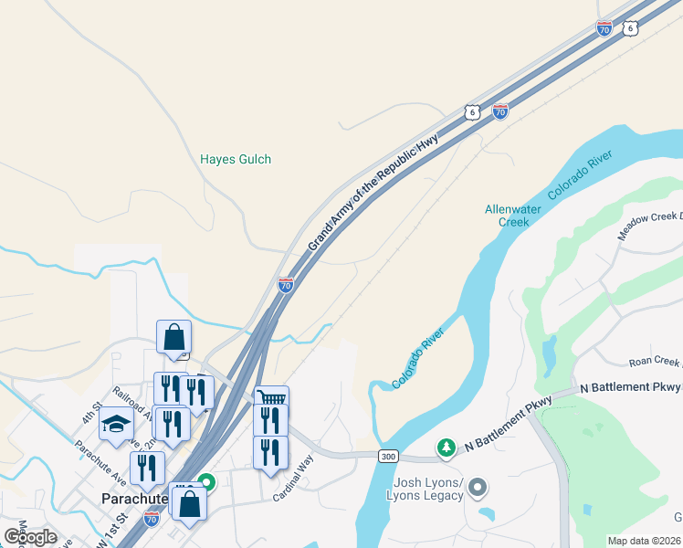 map of restaurants, bars, coffee shops, grocery stores, and more near 169 Callahan Court in Parachute