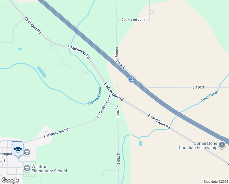 map of restaurants, bars, coffee shops, grocery stores, and more near 6970 East 450 South in Waldron