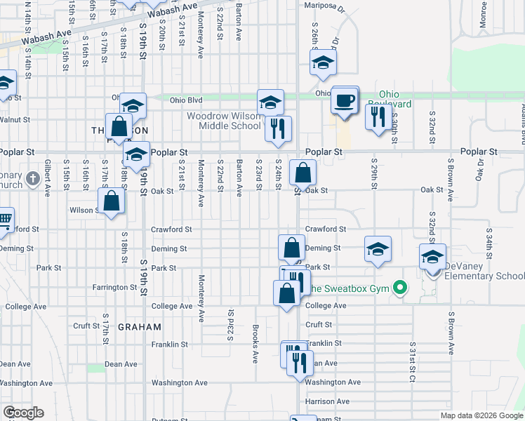 map of restaurants, bars, coffee shops, grocery stores, and more near 632 S 23rd St in Terre Haute