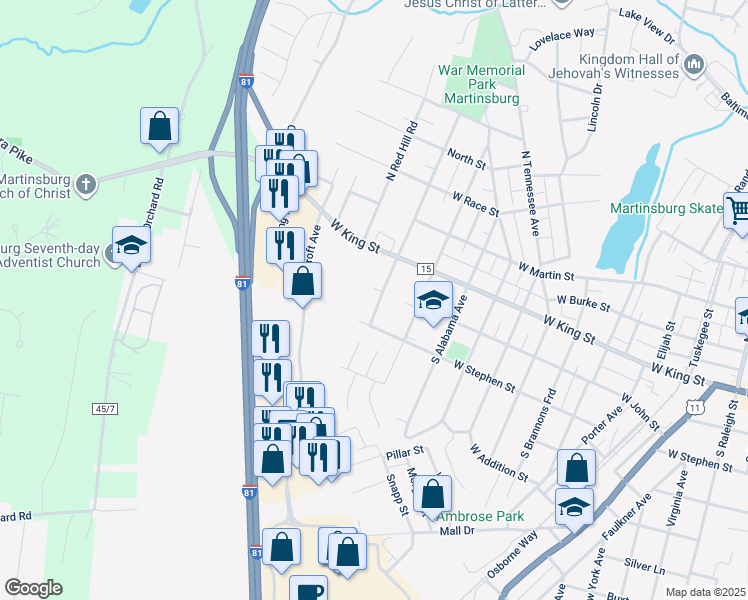 map of restaurants, bars, coffee shops, grocery stores, and more near 309 South Delaware Avenue in Martinsburg