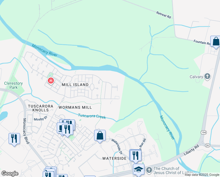 map of restaurants, bars, coffee shops, grocery stores, and more near 3005 Mill Island Parkway in Frederick
