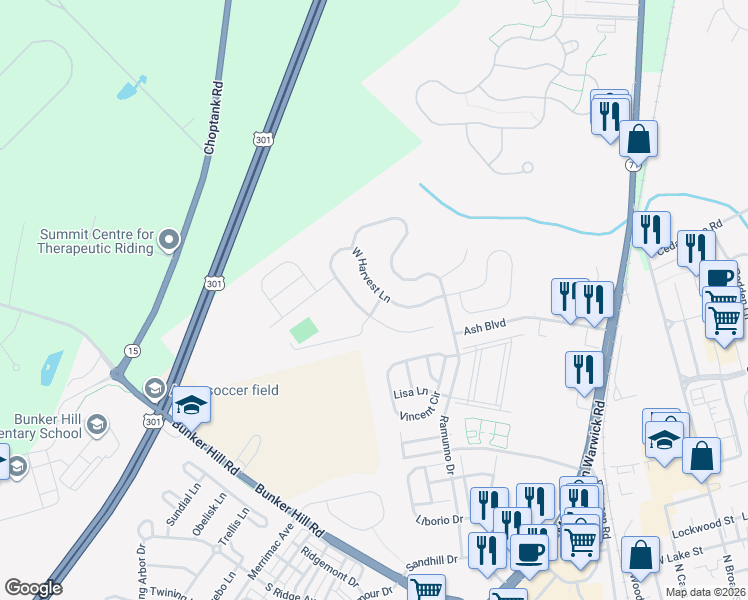 map of restaurants, bars, coffee shops, grocery stores, and more near 418 West Harvest Lane in Middletown