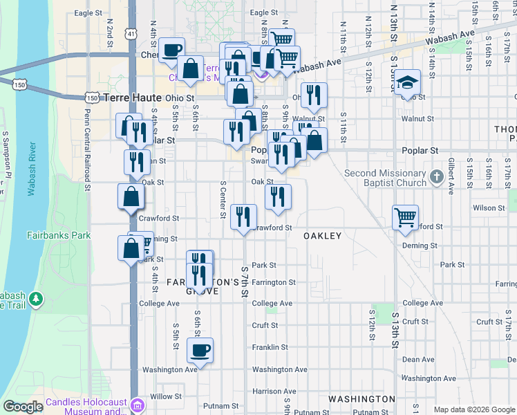 map of restaurants, bars, coffee shops, grocery stores, and more near 526 South 7th Street in Terre Haute