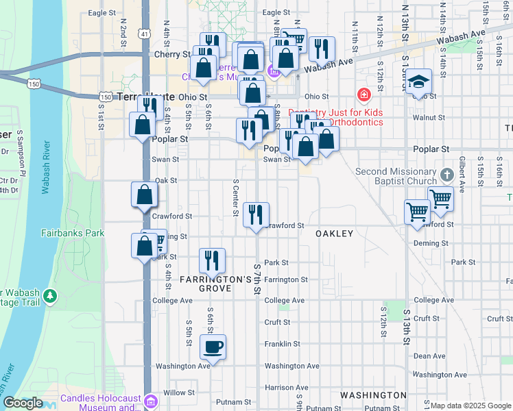 map of restaurants, bars, coffee shops, grocery stores, and more near 526 South 7th Street in Terre Haute