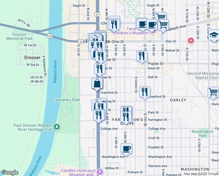 map of restaurants, bars, coffee shops, grocery stores, and more near 525 South 4th Street in Terre Haute