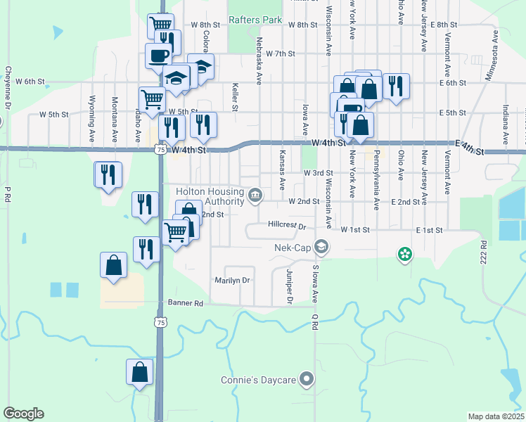map of restaurants, bars, coffee shops, grocery stores, and more near 106 Nebraska Avenue in Holton
