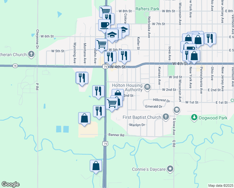 map of restaurants, bars, coffee shops, grocery stores, and more near 203 Dakota Ave in Holton
