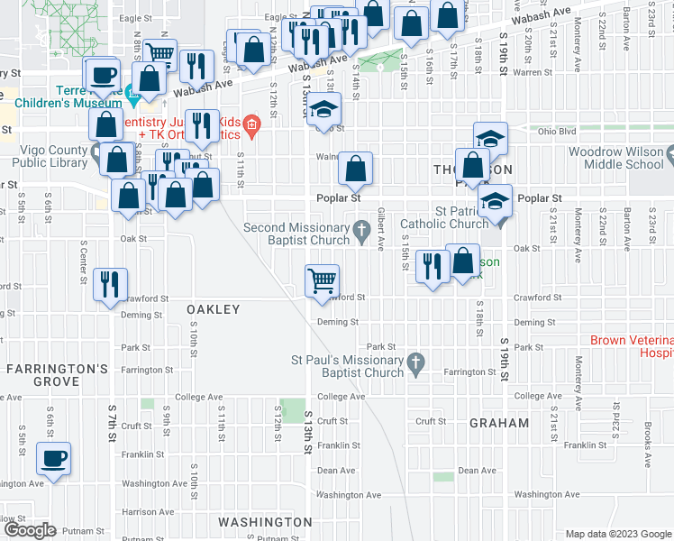 map of restaurants, bars, coffee shops, grocery stores, and more near 530 South 13th and 1 Half Street in Terre Haute
