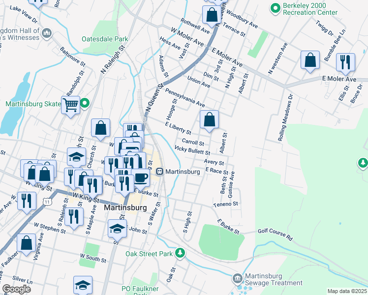 map of restaurants, bars, coffee shops, grocery stores, and more near 217 Vicky Bullett Street in Martinsburg