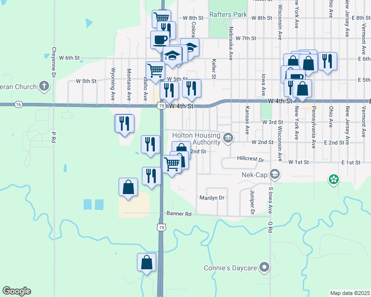 map of restaurants, bars, coffee shops, grocery stores, and more near 203 Dakota Avenue in Holton
