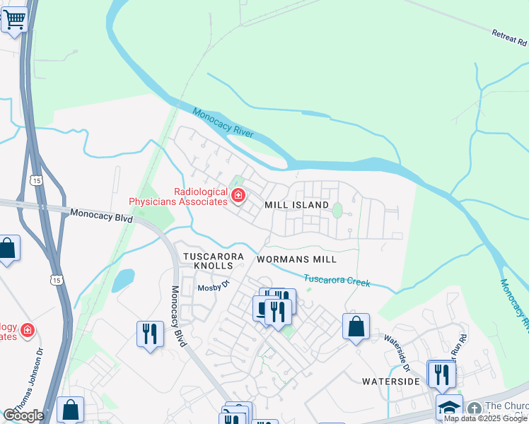 map of restaurants, bars, coffee shops, grocery stores, and more near 3011 Sanctuary Lane in Frederick