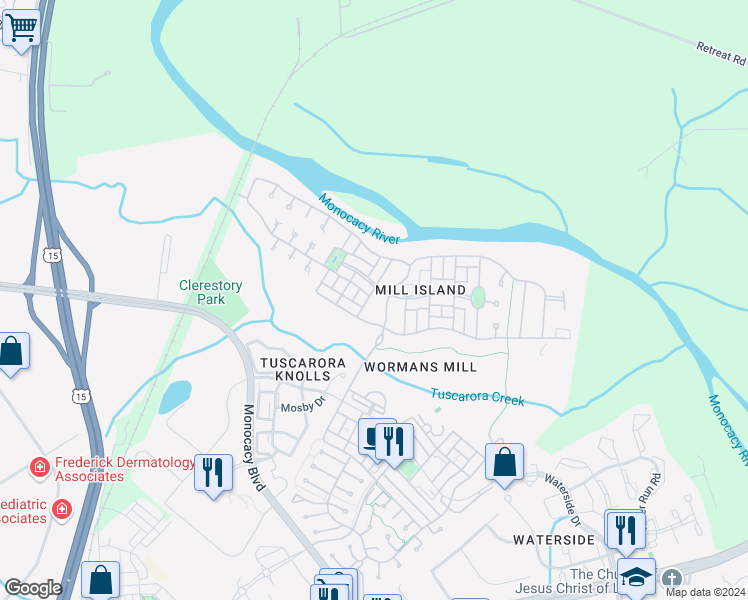 map of restaurants, bars, coffee shops, grocery stores, and more near 3011 Sanctuary Lane in Frederick