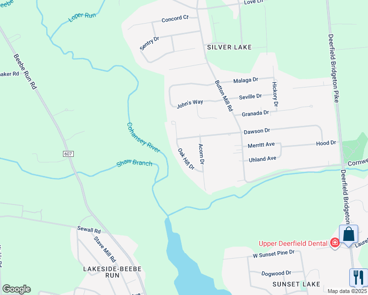 map of restaurants, bars, coffee shops, grocery stores, and more near 9 Oak Hill Drive in Bridgeton