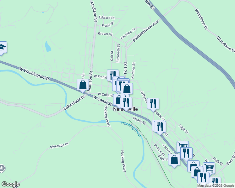 map of restaurants, bars, coffee shops, grocery stores, and more near 19 West Columbus Street in Nelsonville
