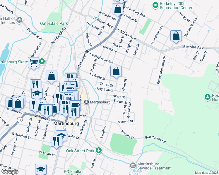 map of restaurants, bars, coffee shops, grocery stores, and more near 413 North Centre Street in Martinsburg