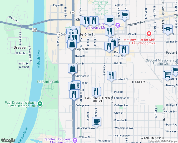 map of restaurants, bars, coffee shops, grocery stores, and more near 532 South 5th Street in Terre Haute