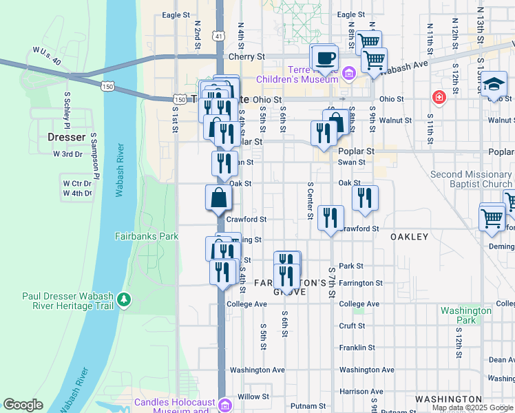 map of restaurants, bars, coffee shops, grocery stores, and more near 532 South 5th Street in Terre Haute