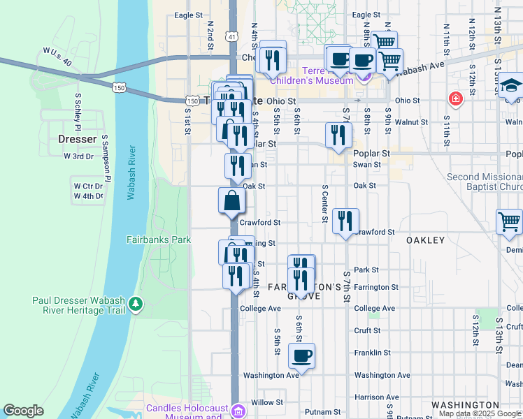 map of restaurants, bars, coffee shops, grocery stores, and more near 525 South 4th Street in Terre Haute