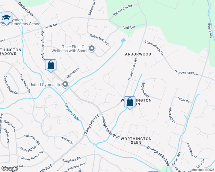 map of restaurants, bars, coffee shops, grocery stores, and more near 11986 Long Lake Drive in Reisterstown