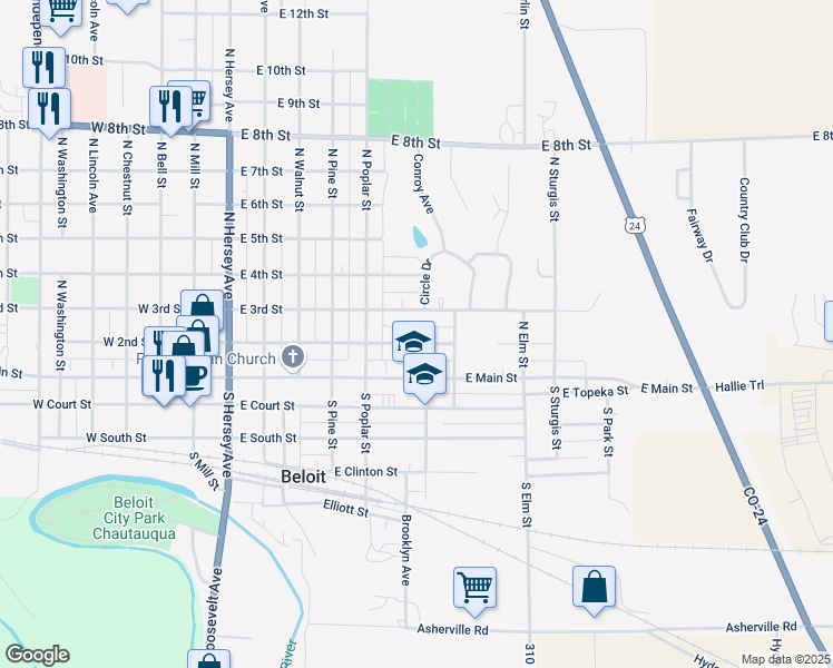map of restaurants, bars, coffee shops, grocery stores, and more near 601-799 East 2nd Street in Beloit