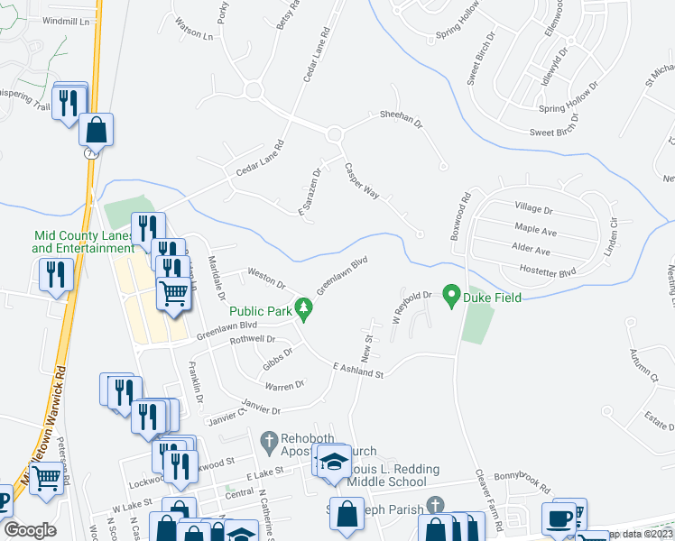 map of restaurants, bars, coffee shops, grocery stores, and more near 13 Brady Circle in Middletown