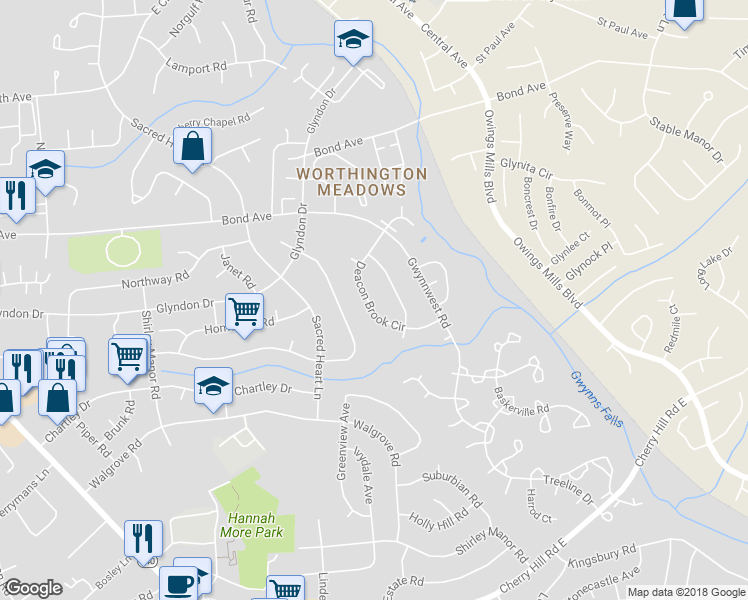 map of restaurants, bars, coffee shops, grocery stores, and more near 419 Deacon Brook Circle in Reisterstown