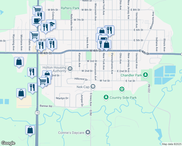 map of restaurants, bars, coffee shops, grocery stores, and more near 900 Iowa Avenue in Holton