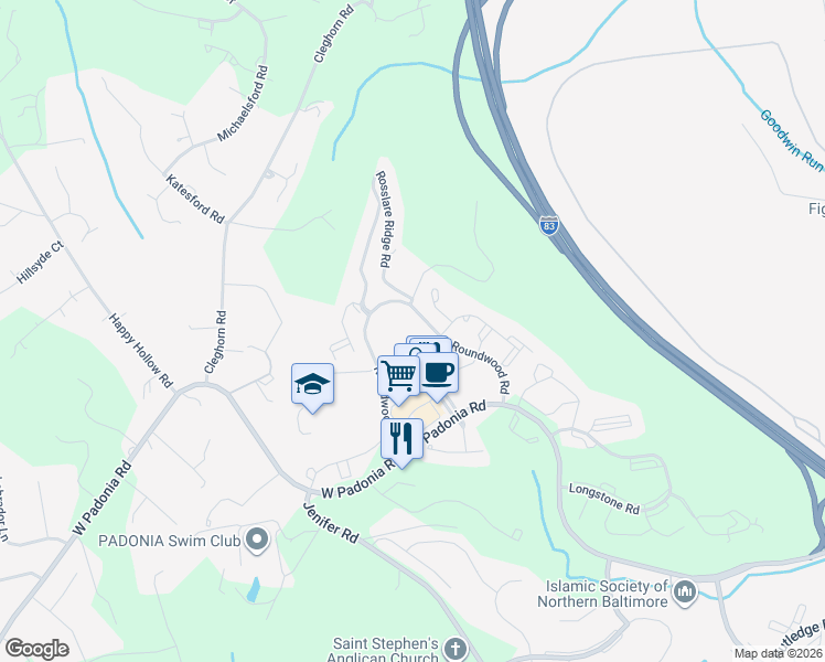 map of restaurants, bars, coffee shops, grocery stores, and more near 12240 Roundwood Road in Timonium