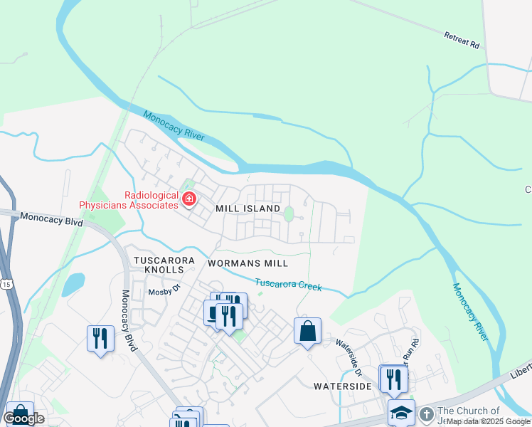 map of restaurants, bars, coffee shops, grocery stores, and more near 2517 Island Grove Boulevard in Frederick