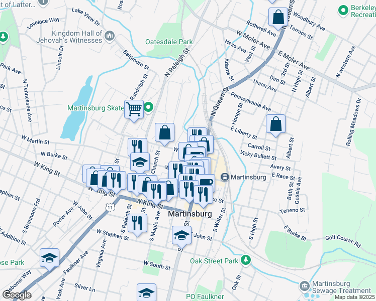 map of restaurants, bars, coffee shops, grocery stores, and more near 200 West Race Street in Martinsburg