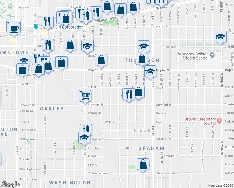 map of restaurants, bars, coffee shops, grocery stores, and more near 519 South 15th Street in Terre Haute